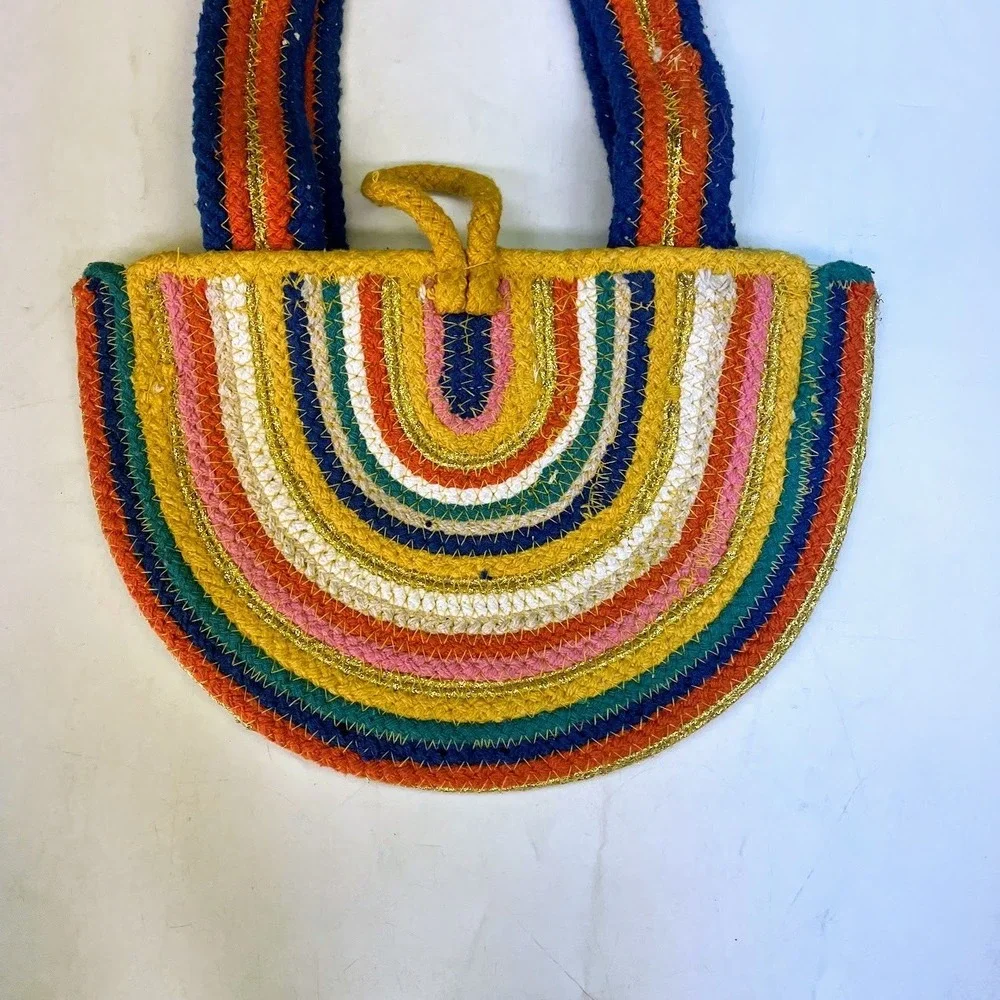 Fabulous MJ New York Rainbow Braided Rope Tote Bag Gold Metallic Toggle Small